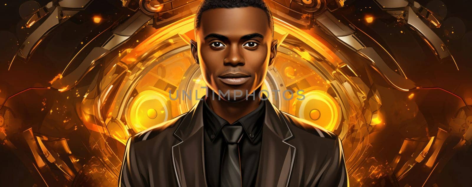 Banner: Portrait of young african american man in suit. 3D rendering