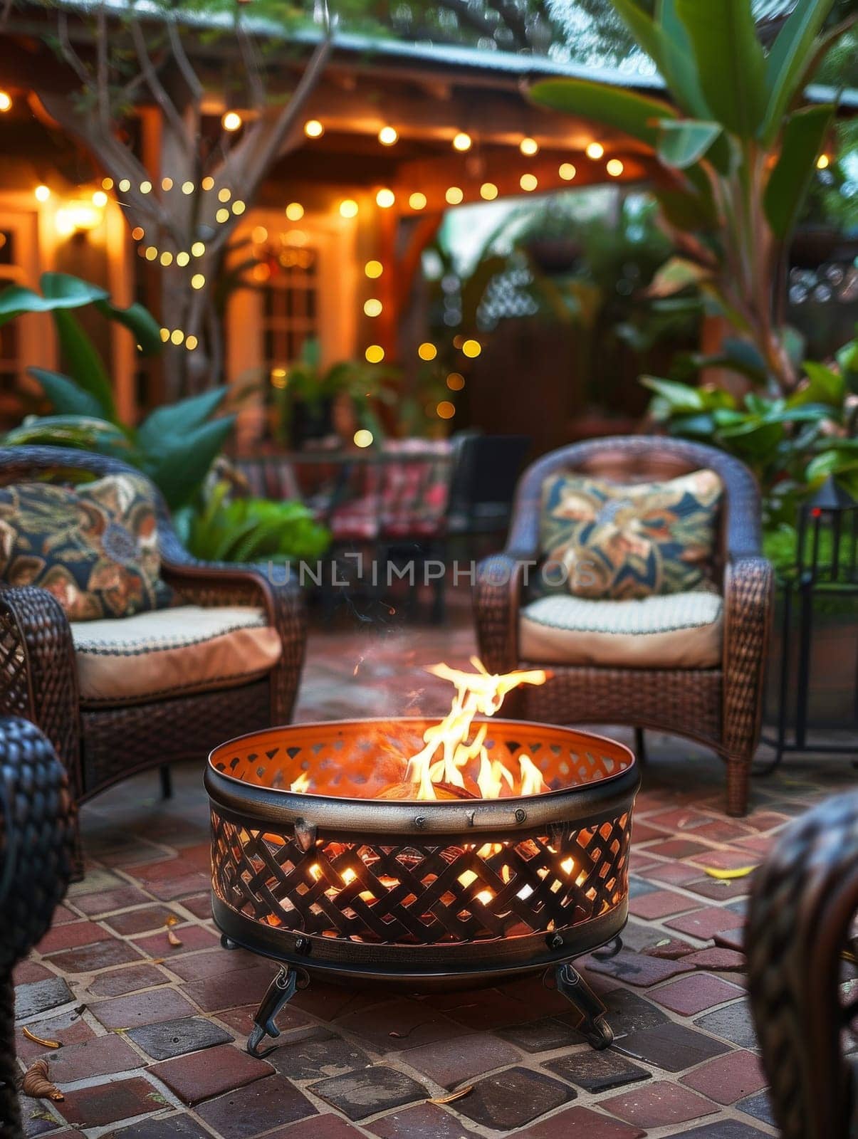 A fire pit is lit in a backyard with a couch and a table by itchaznong