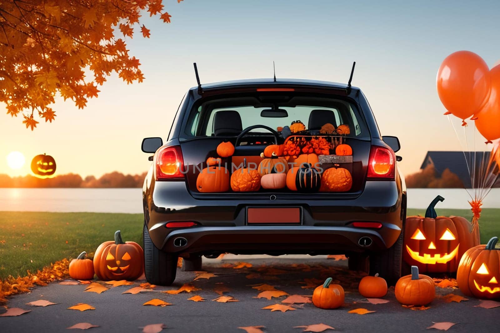 A large car decorated for Halloween with cobwebs, pumpkins, orange balloons and sweets. The concept of a creative outdoor event in autumn.