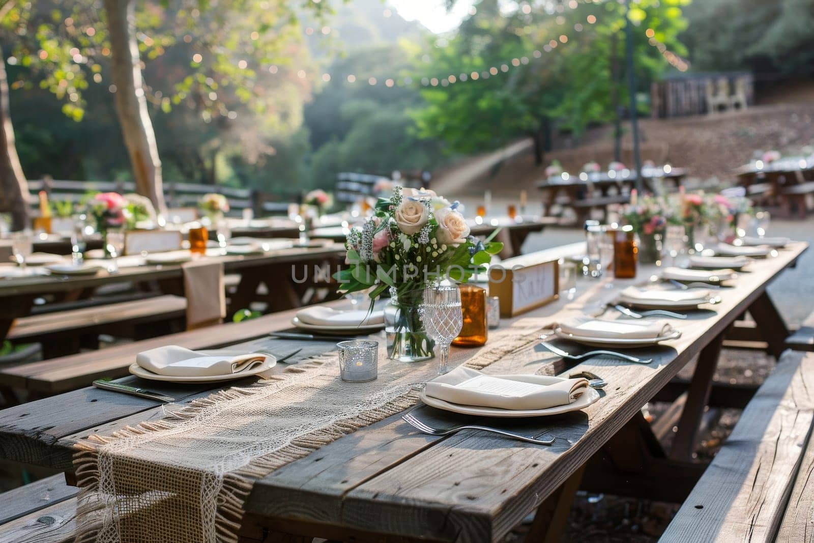 A rustic outdoor wedding reception with a long table set with white plates, wine glasses, and silverware. The table is surrounded by potted plants and flowers, creating a warm and inviting atmosphere