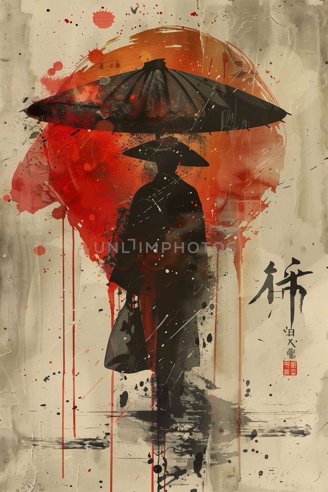 Watercolor grunge painting of Japan man with umbrella by Dustick