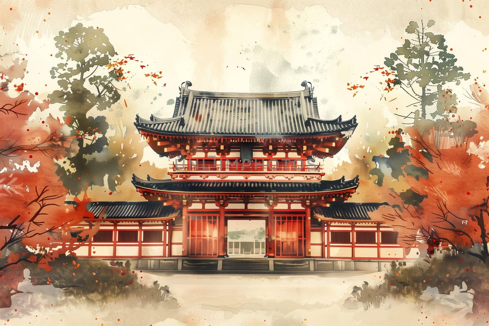 Japanese red temple watercolor poster ai generated image
