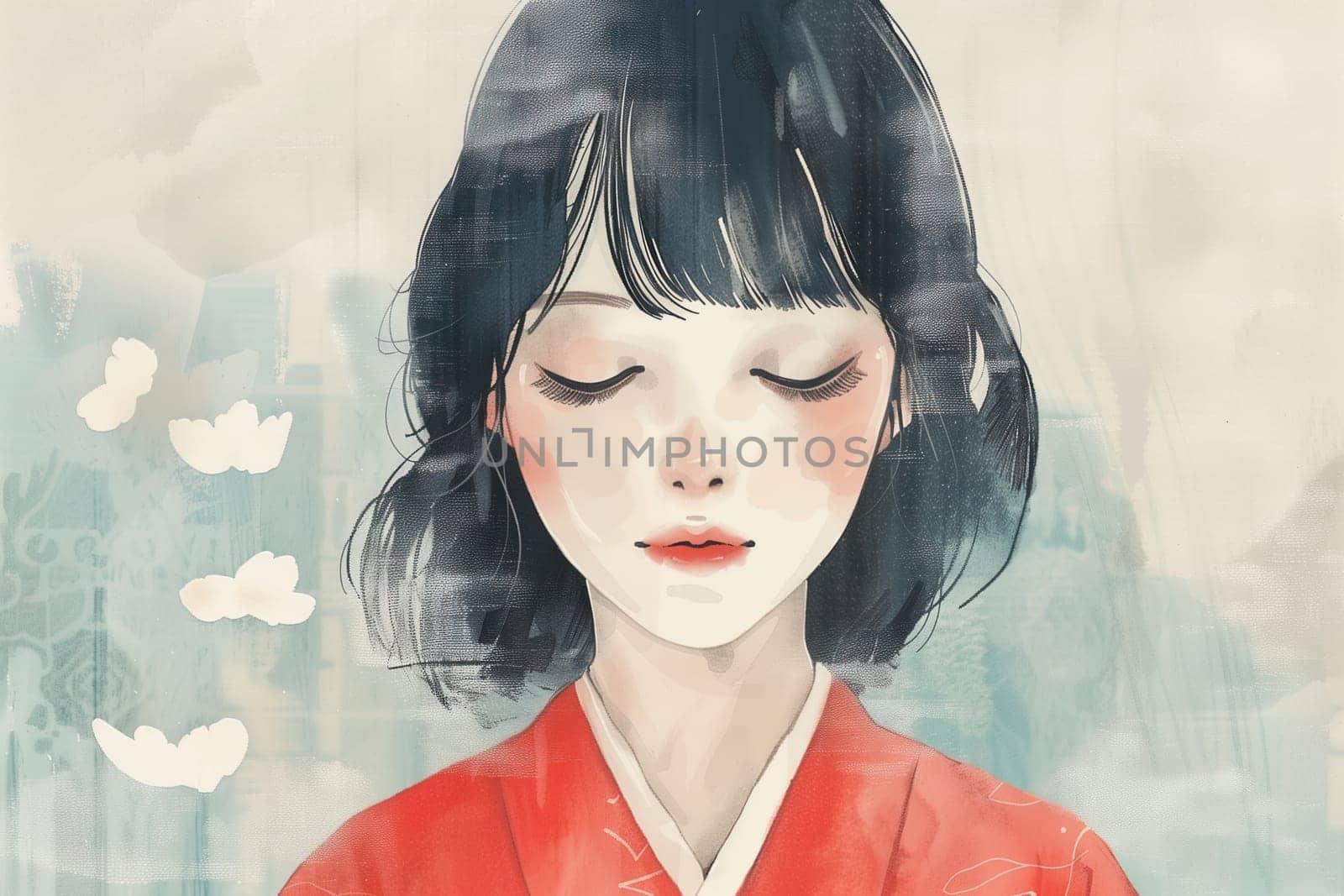 Watercolor poster with young Japanese woman ai generated image