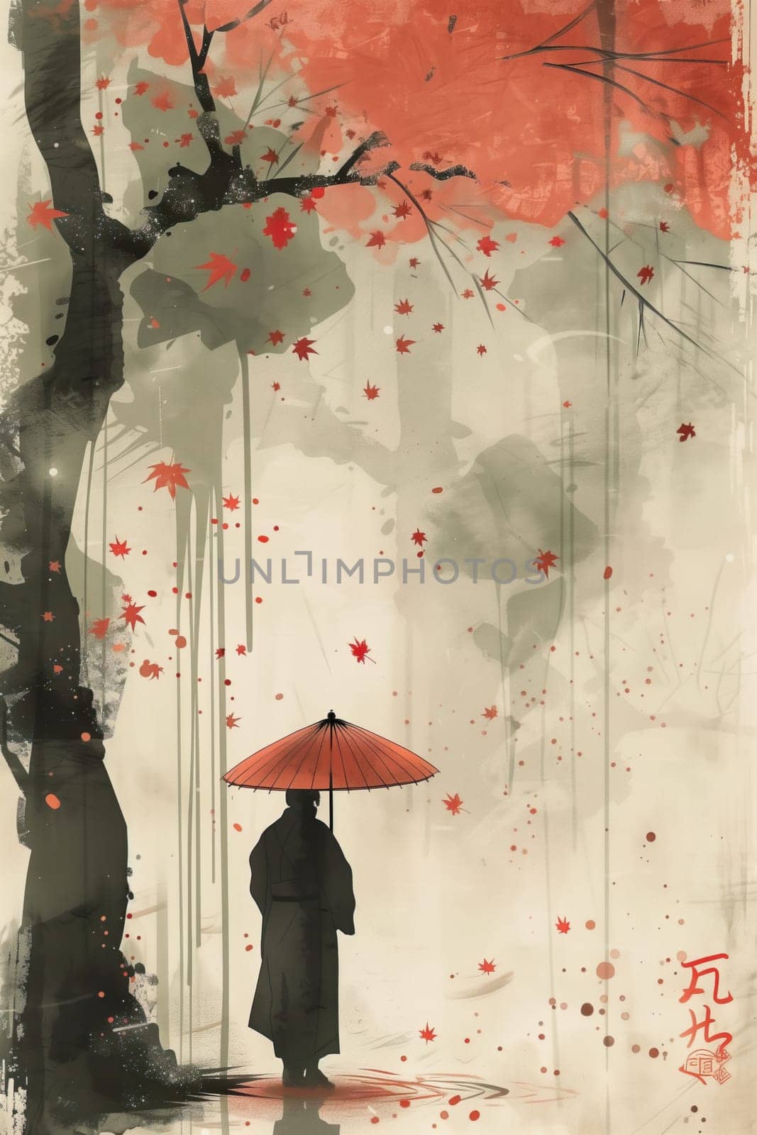 Japanese watercolor poster card man with umbrella ai generated image