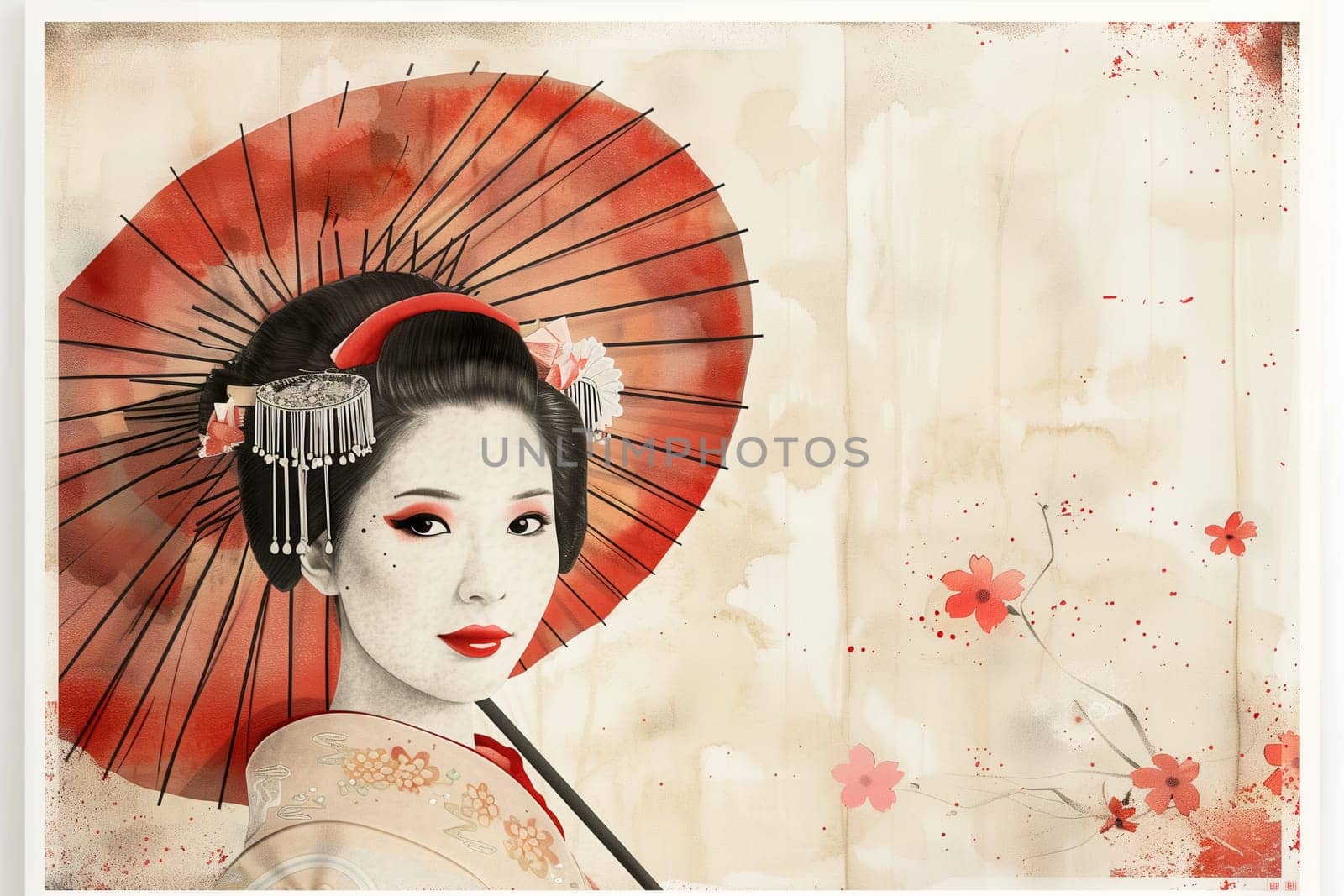 Japan traditional watercolor poster with young woman ai generated image