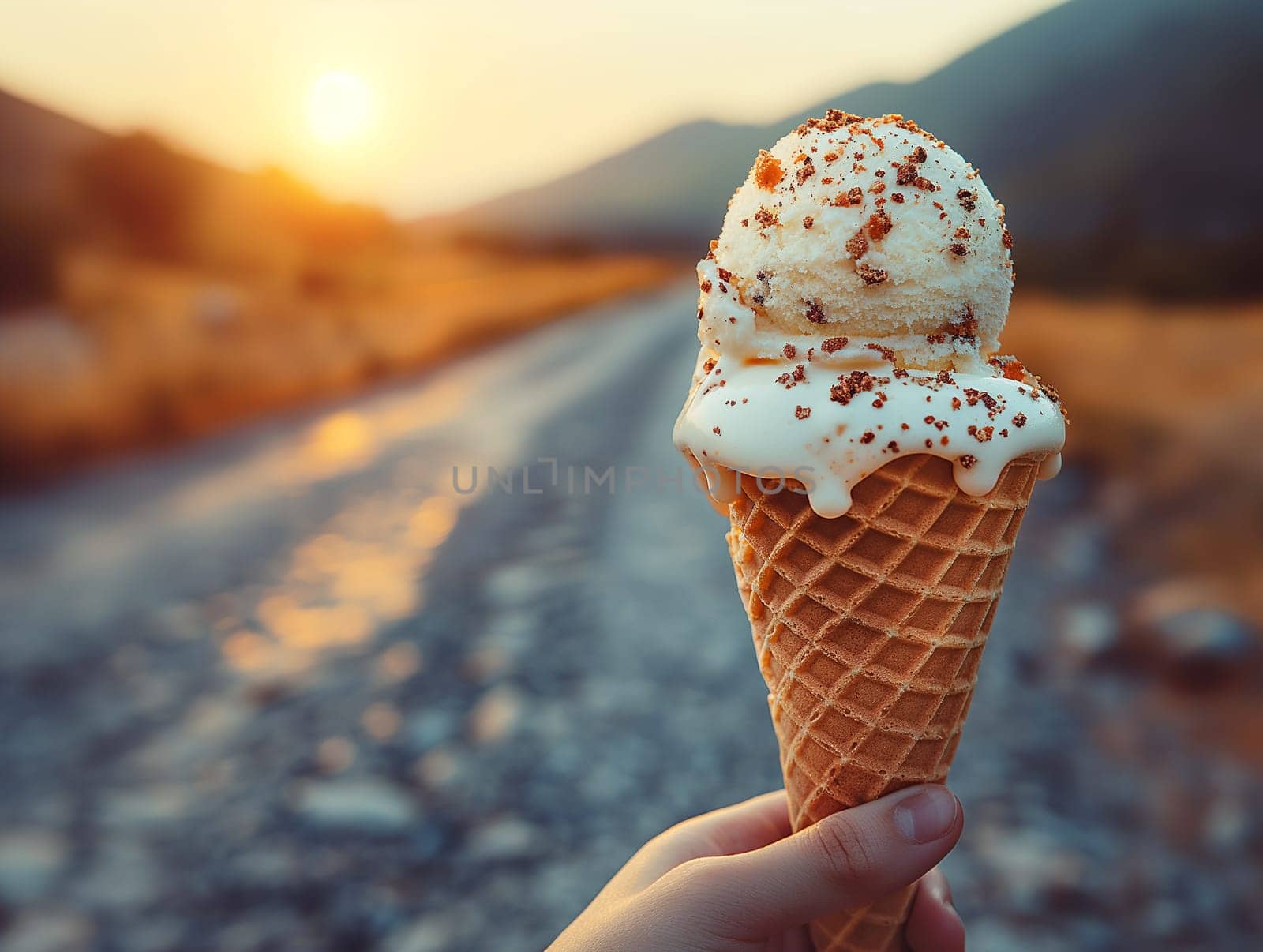 A single scoop of vanilla ice cream on a waffle cone.