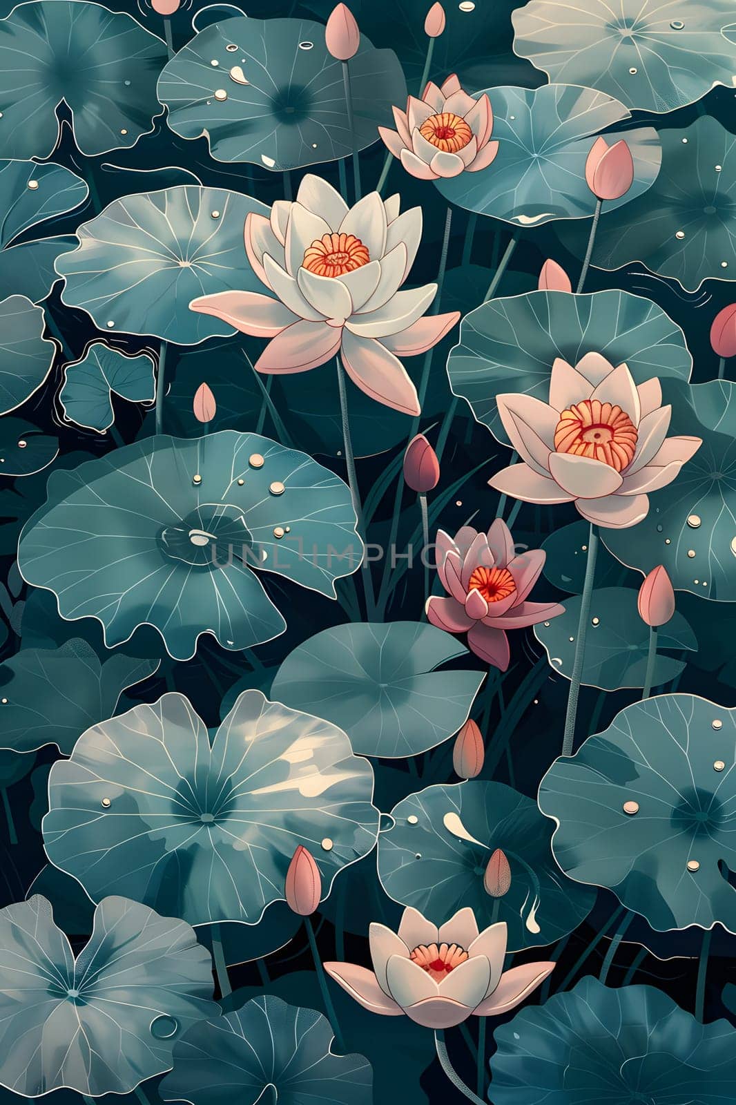 A beautiful painting featuring lotus flowers and lily pads floating on the serene surface of a pond, showcasing the harmony between terrestrial and aquatic plants