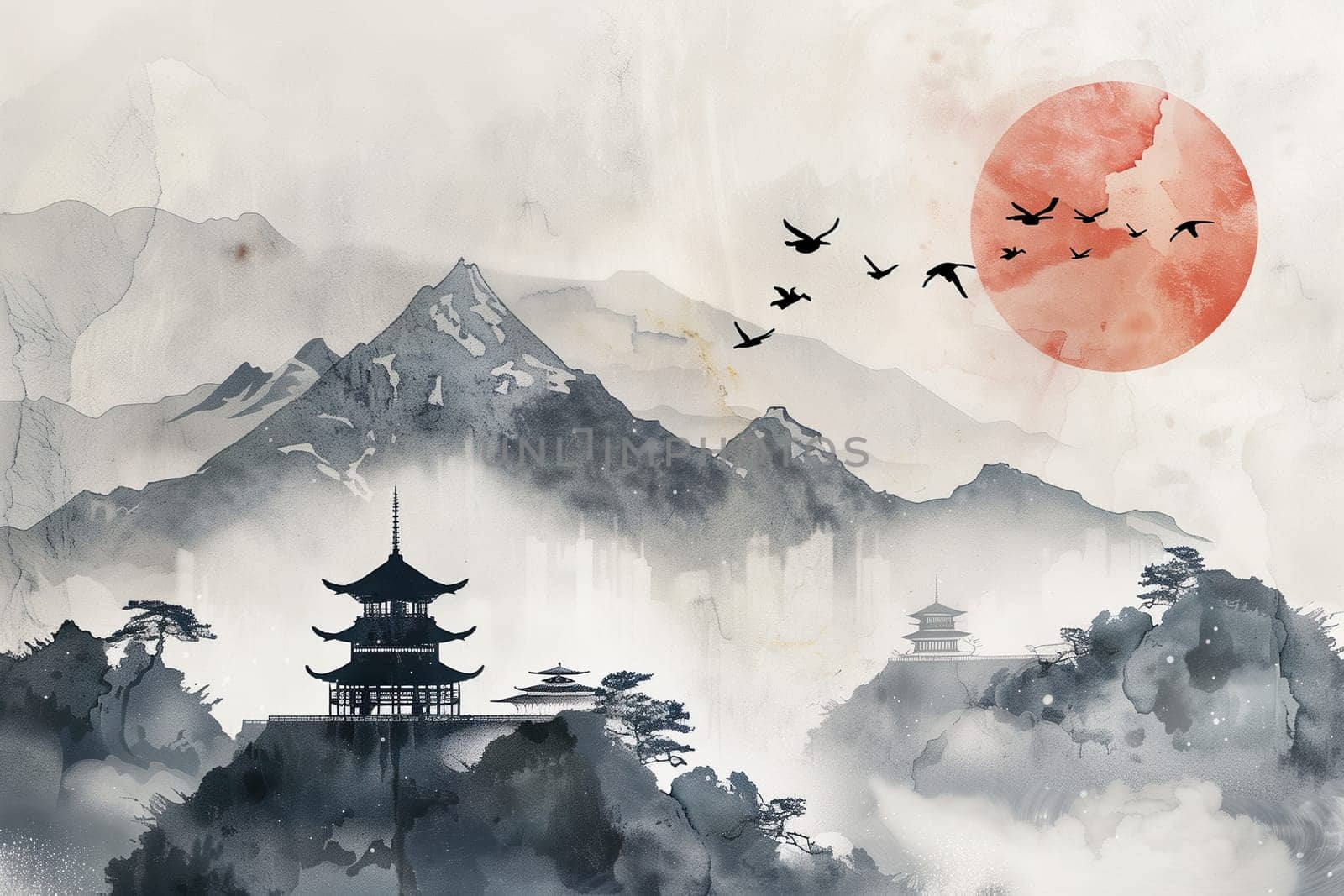 Japanese landscape with mountains watercolor poster ai generated image