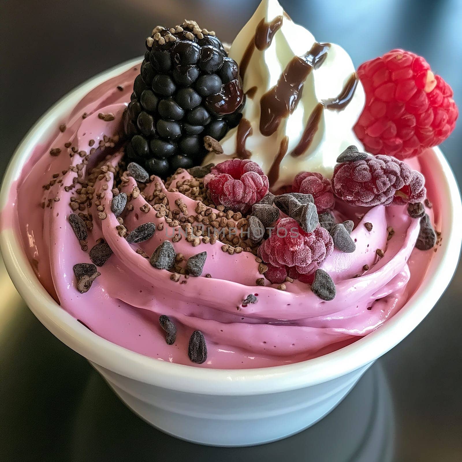 Velvety pink frozen yogurt topped with berries and chocolate bits. by Hype2art