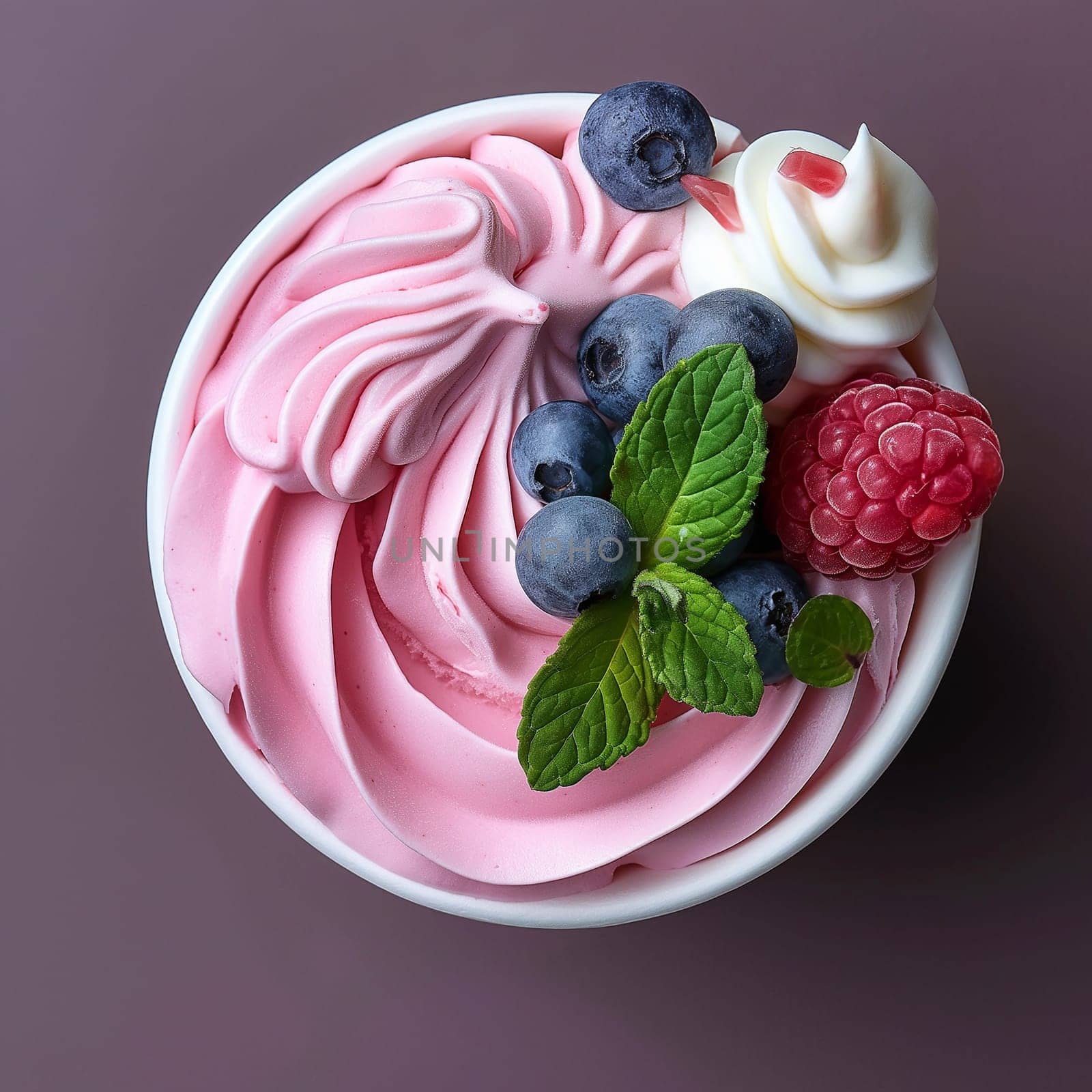Soft, swirled pink and white frozen yogurt or ice cream topped with fresh berries and mint. by Hype2art