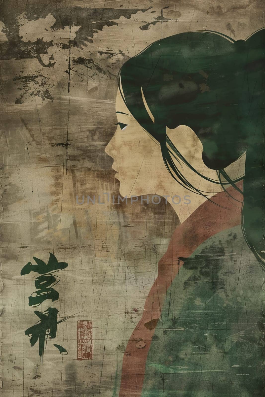 Watercolor grunge poster with Japanese woman ai generated image