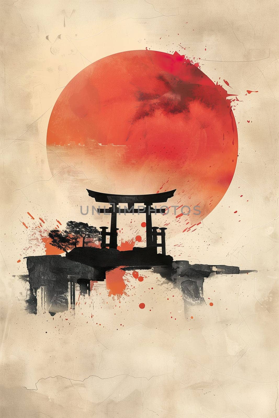 Japanese silhouette of the gates with red sun watercolor poster ai generated image