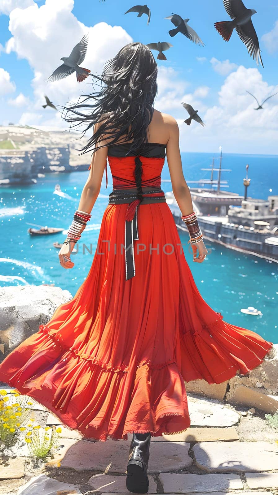 A woman in a red dress is standing by the azure water, beneath the cloudy sky, showcasing a beautiful contrast of colors against her onepiece garment