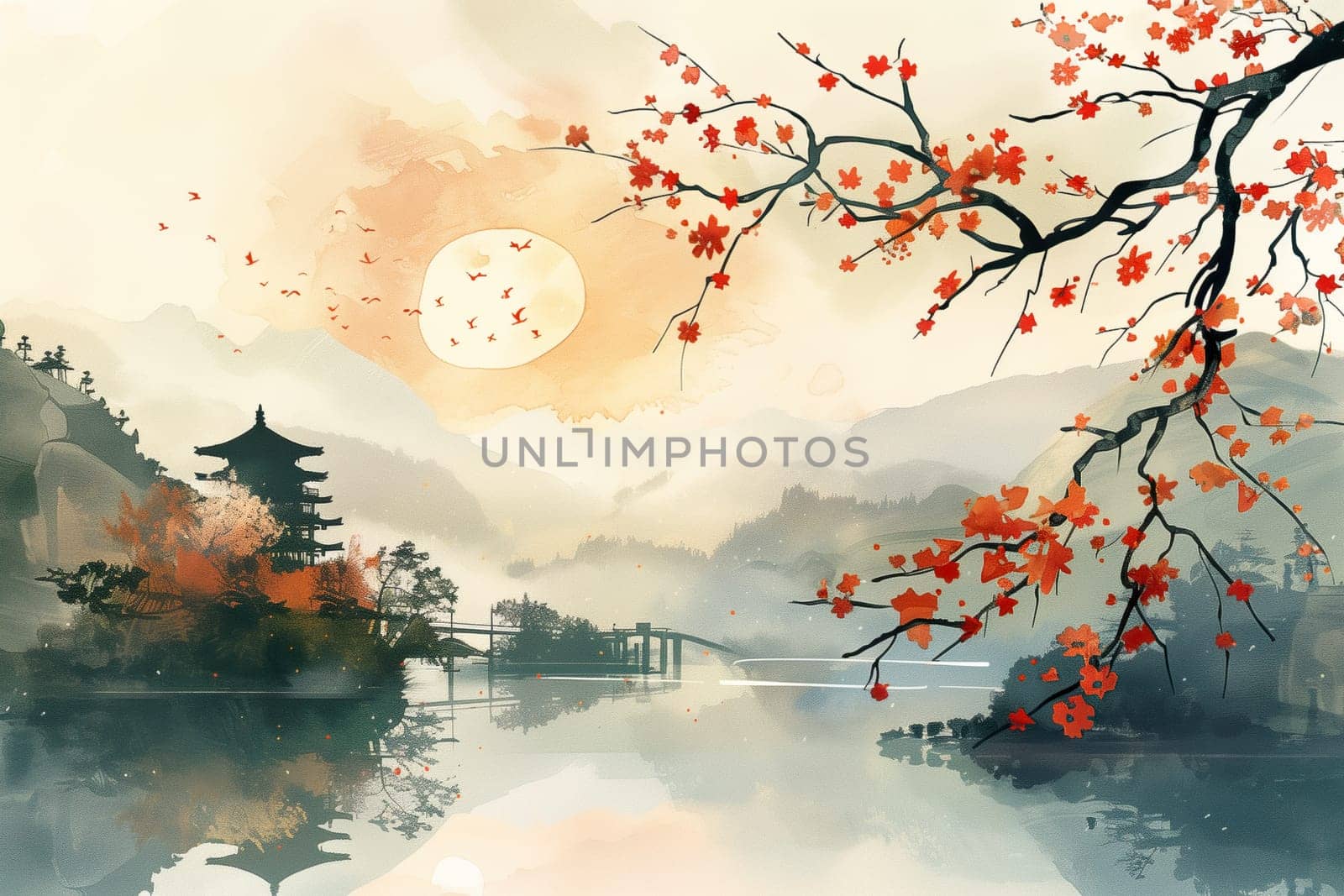 Japanese landscape with lake watercolor poster by Dustick