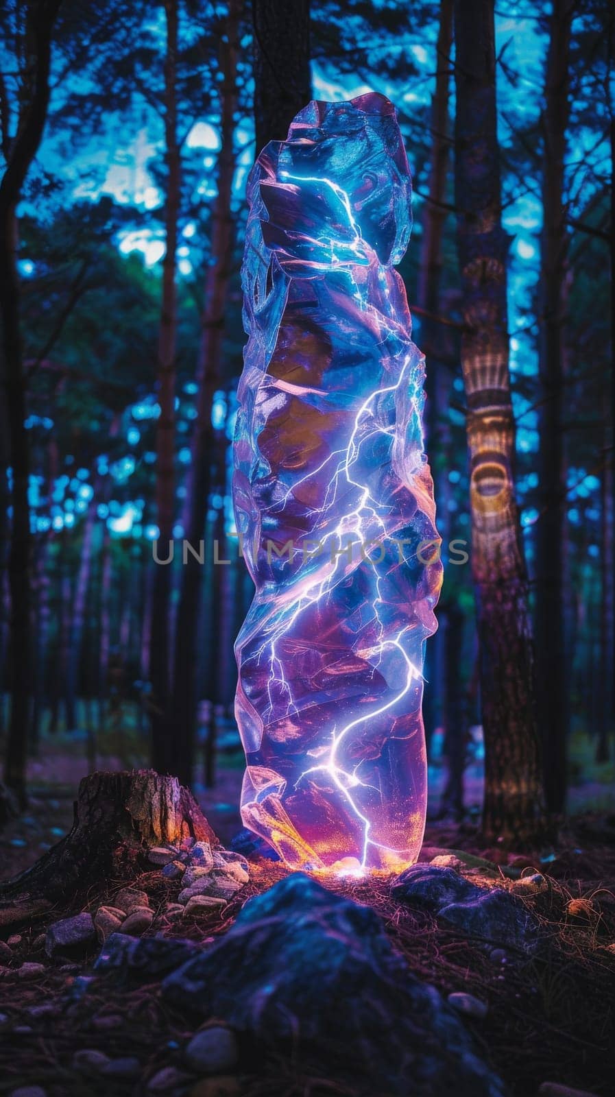 A large rock with a blue lightning bolt on it. The rock is surrounded by trees and the sky is dark