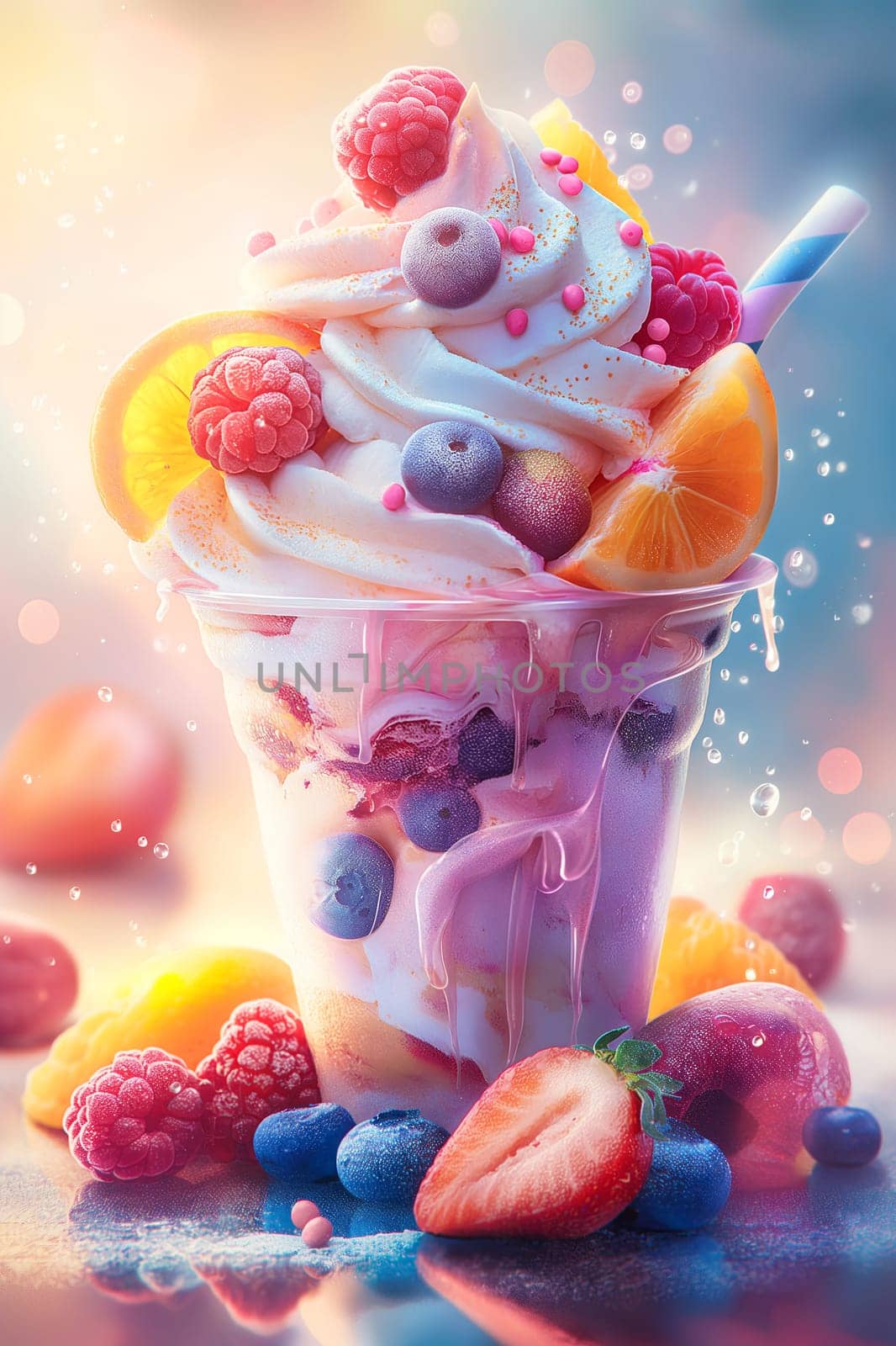 Illustration of a colorful fruit dessert topped with whipped cream, berries, and a slice of orange. by Hype2art