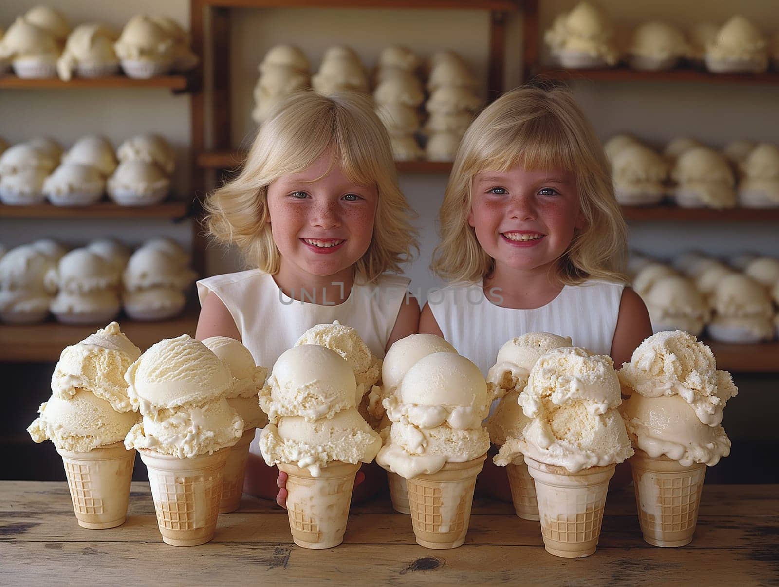 A single scoop of vanilla ice cream on a waffle cone with two children. Ice cream shop