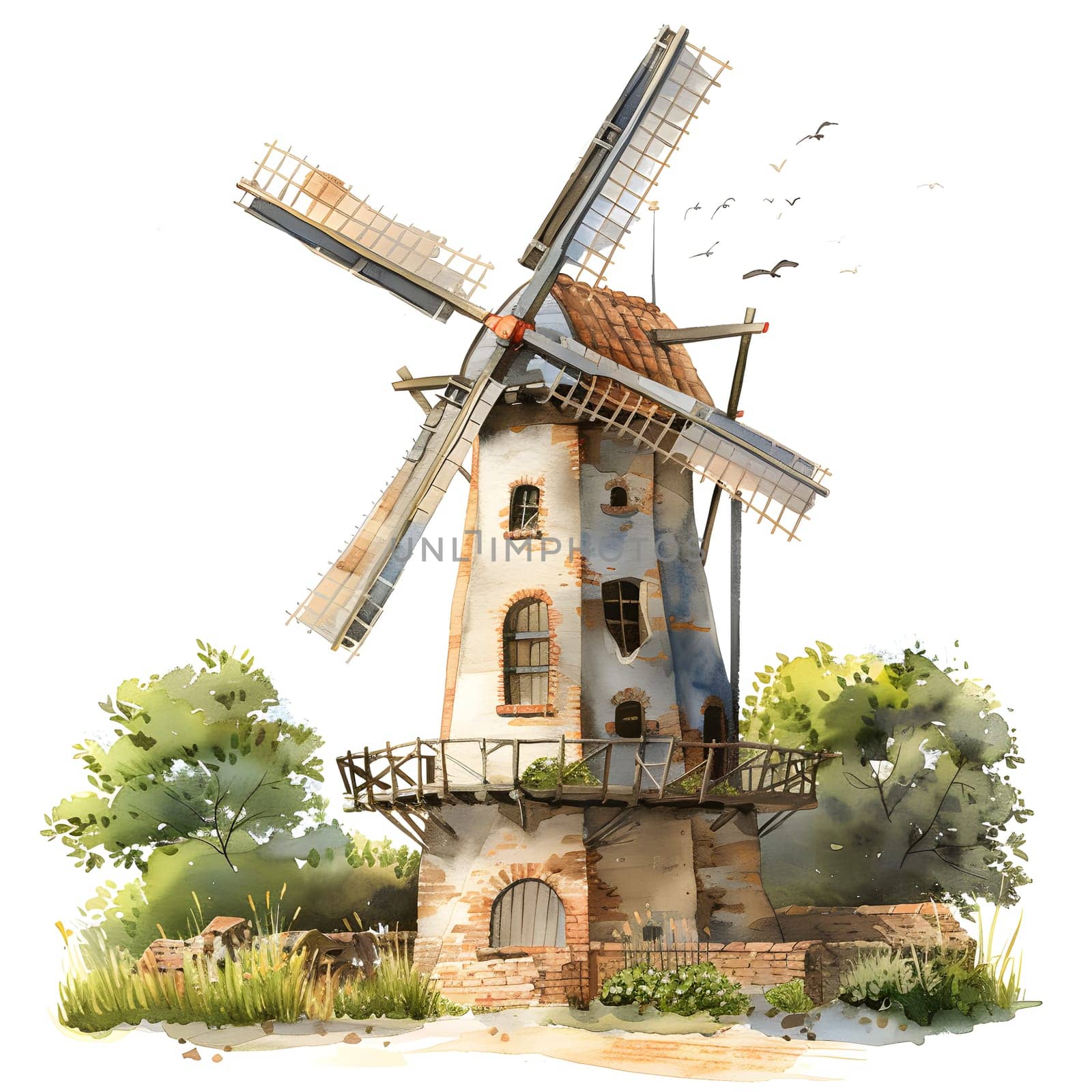 Windmill surrounded by trees, grass on white background in an art painting by Nadtochiy