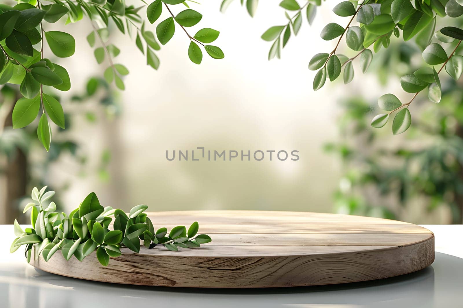 A rectangular hardwood cutting board with green leaves on top, rests on a table with a backdrop of grass and terrestrial plants in a serene landscape