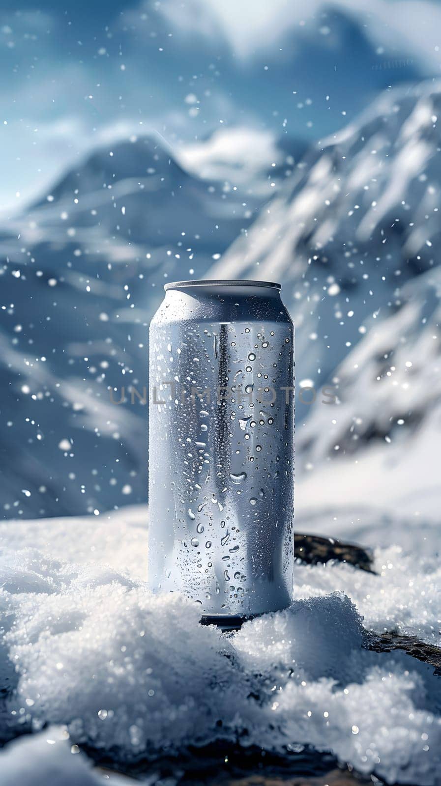 A can of soda is placed in the snow on a mountain slope, surrounded by a serene natural landscape with a clear sky and views of the Arctic ocean