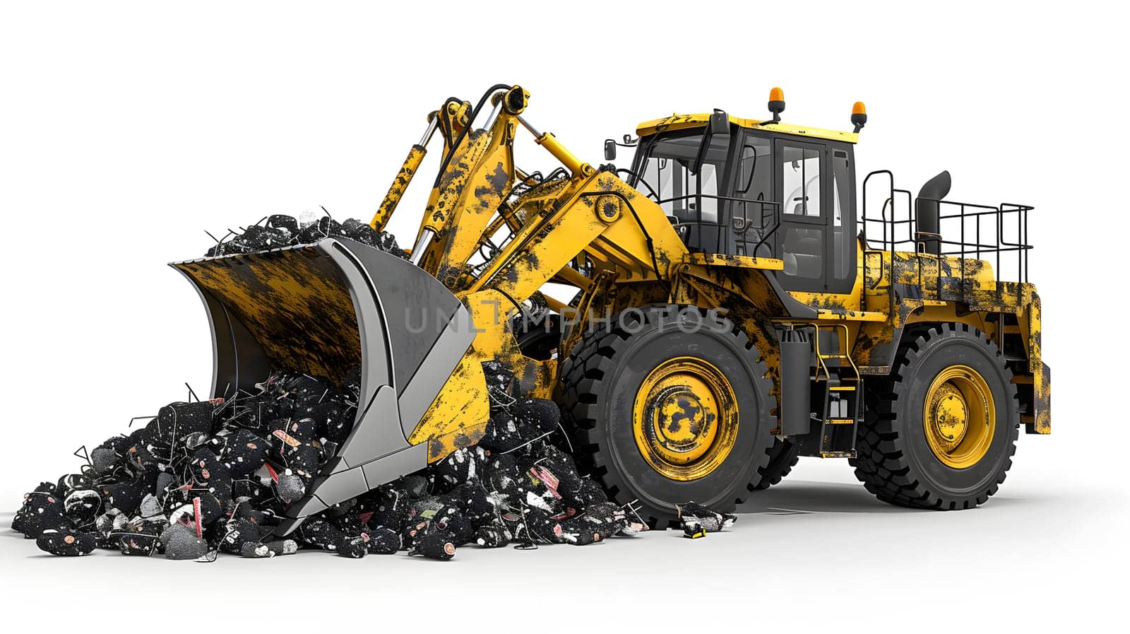 A yellow bulldozer with automotive tires is scooping up a pile of garbage using its wheel system. The machines tread grips the asphalt surface with synthetic rubber for efficient cleaning