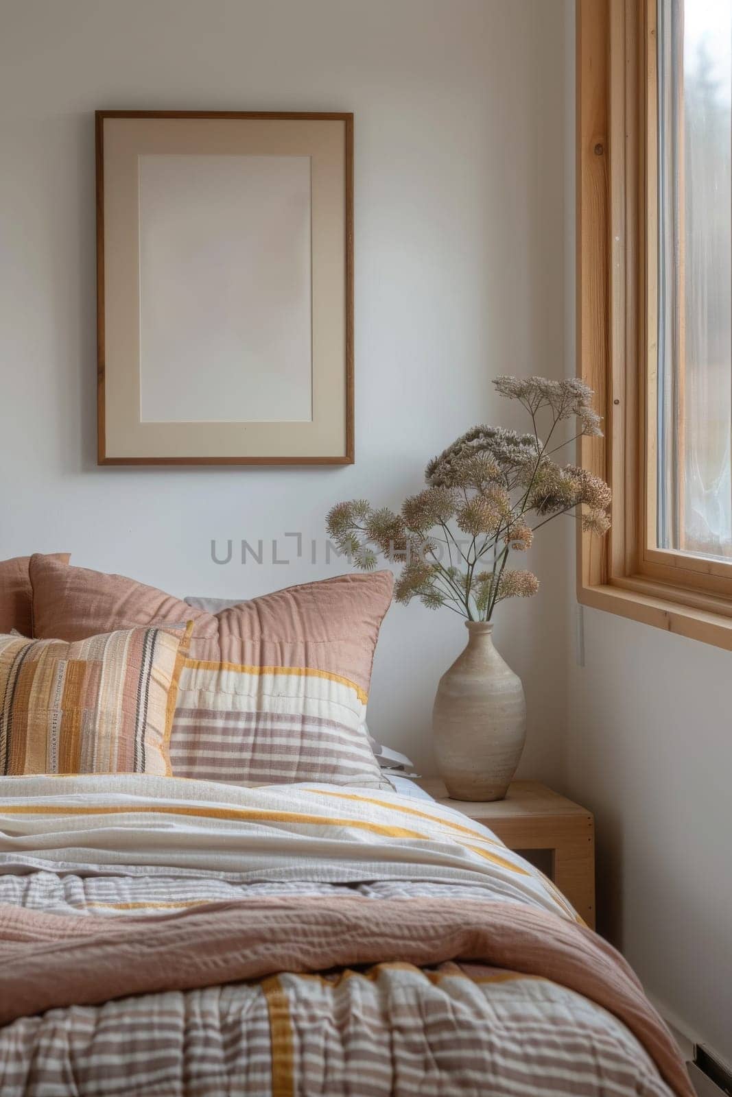 A bed with a vase of flowers on a wooden table. The bed is covered in a striped comforter and pillows