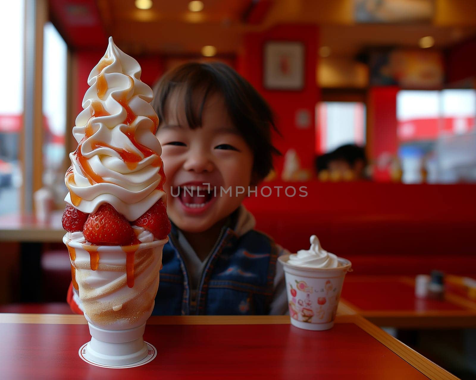 A joyful child smiles beside a large strawberry topped soft serve ice cream.