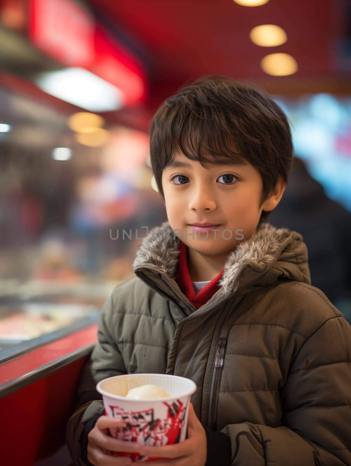 A joyful child smiles beside a large soft serve ice cream.