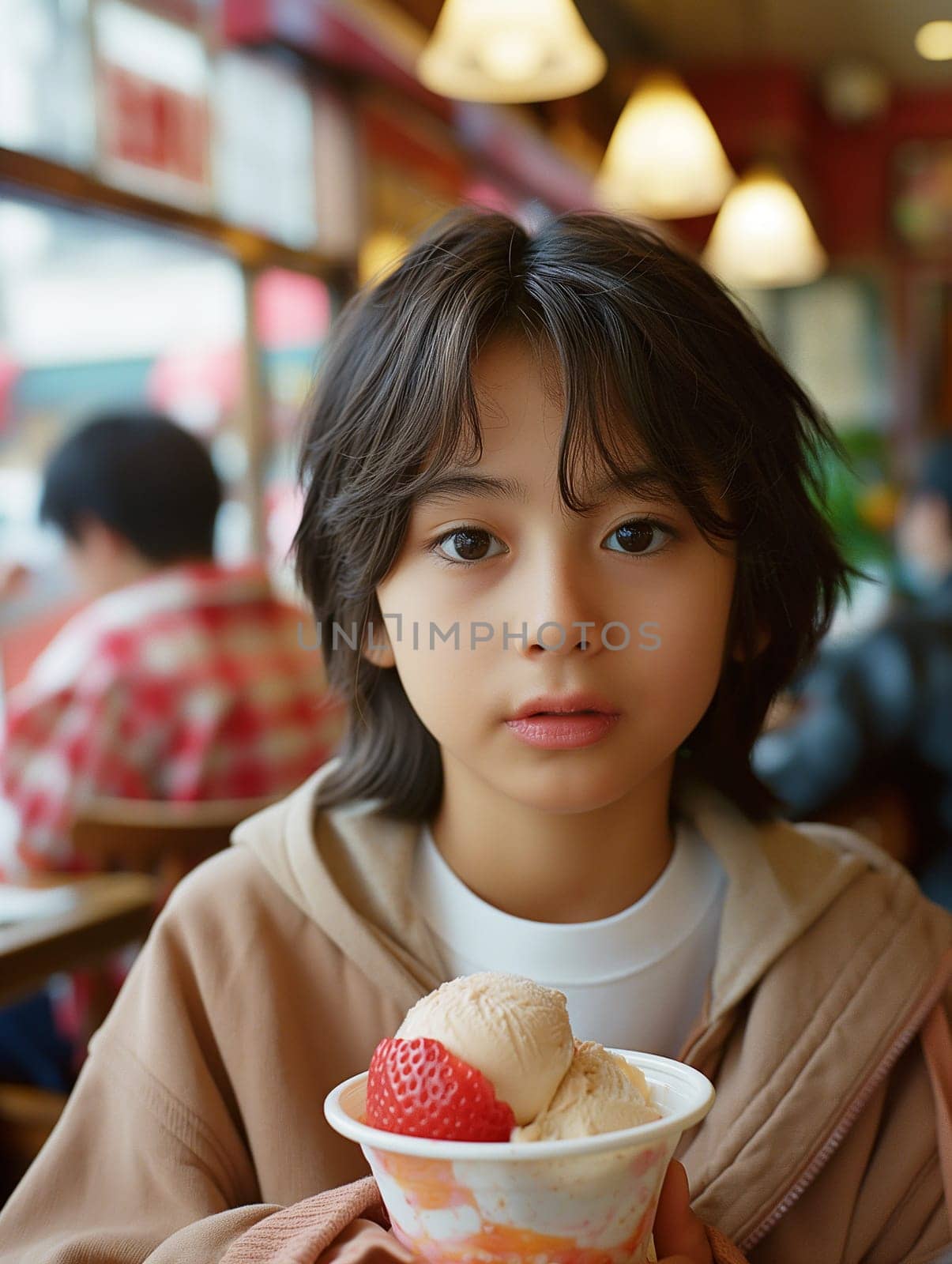 A joyful child smiles beside a large soft serve ice cream.