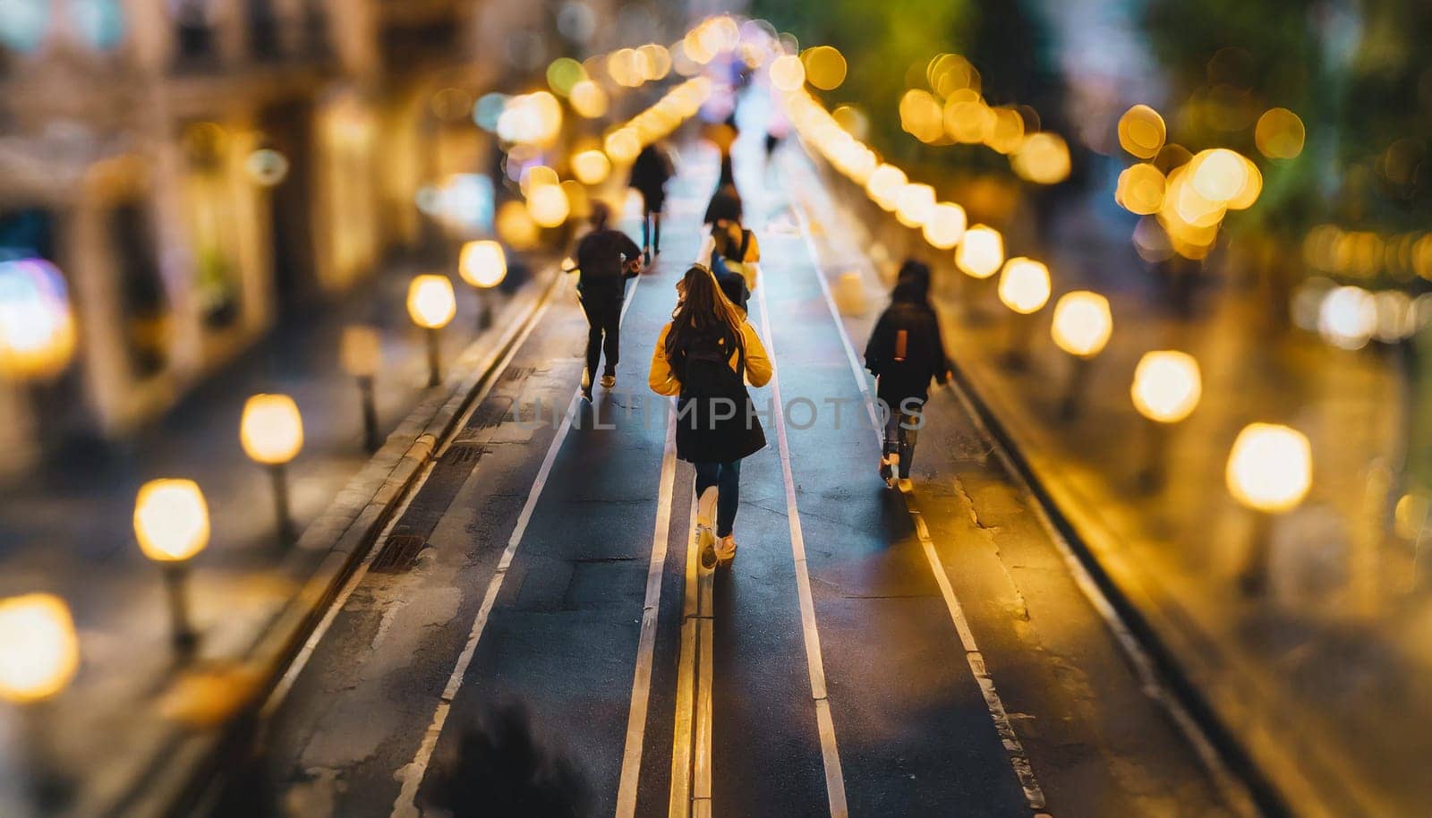 A busy city street with people walking and a bridge in the background. Scene is bustling and lively , rush commuting time AI generated