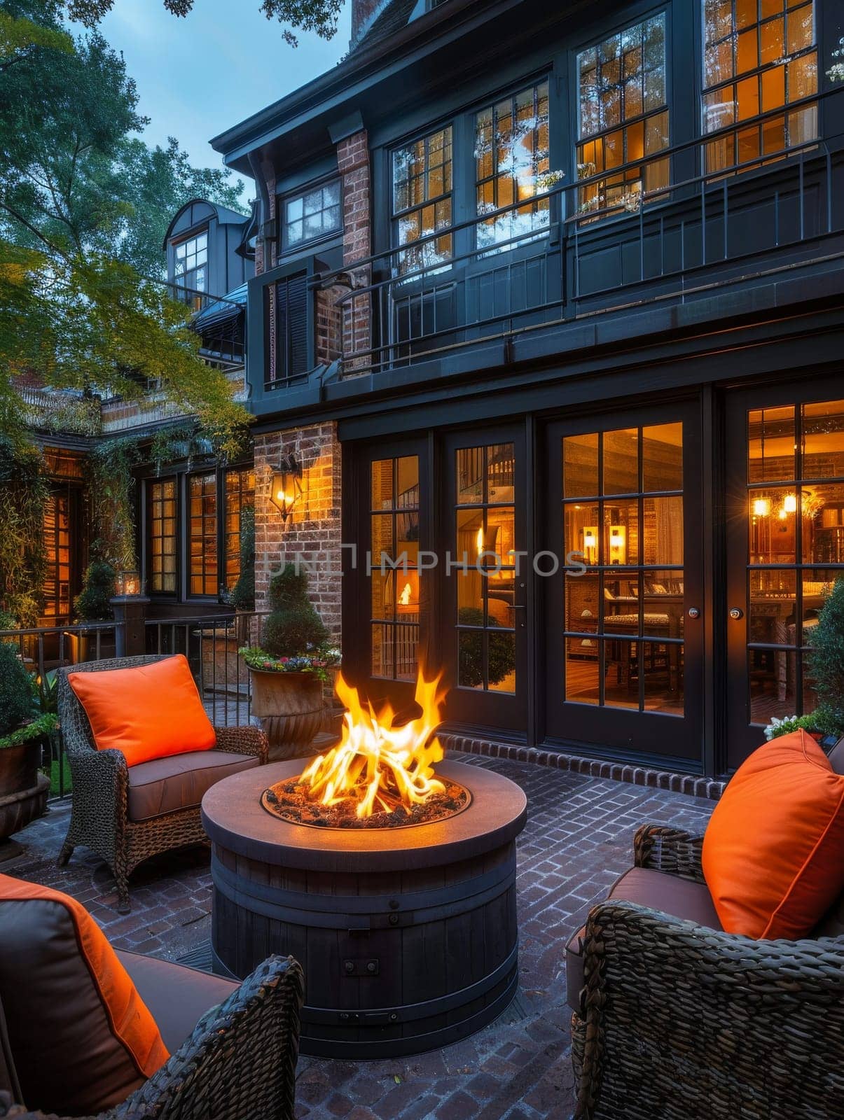 A fire pit is lit in a backyard with a couch and a table. The fire is surrounded by potted plants and a few chairs. Scene is cozy and inviting, perfect for relaxing and enjoying the outdoors