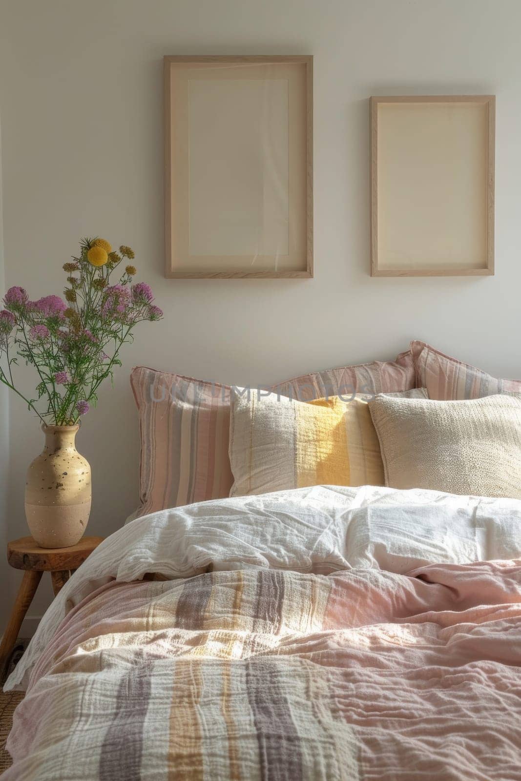 A bed with a vase of flowers on a wooden table. The bed is covered in a striped comforter and pillows