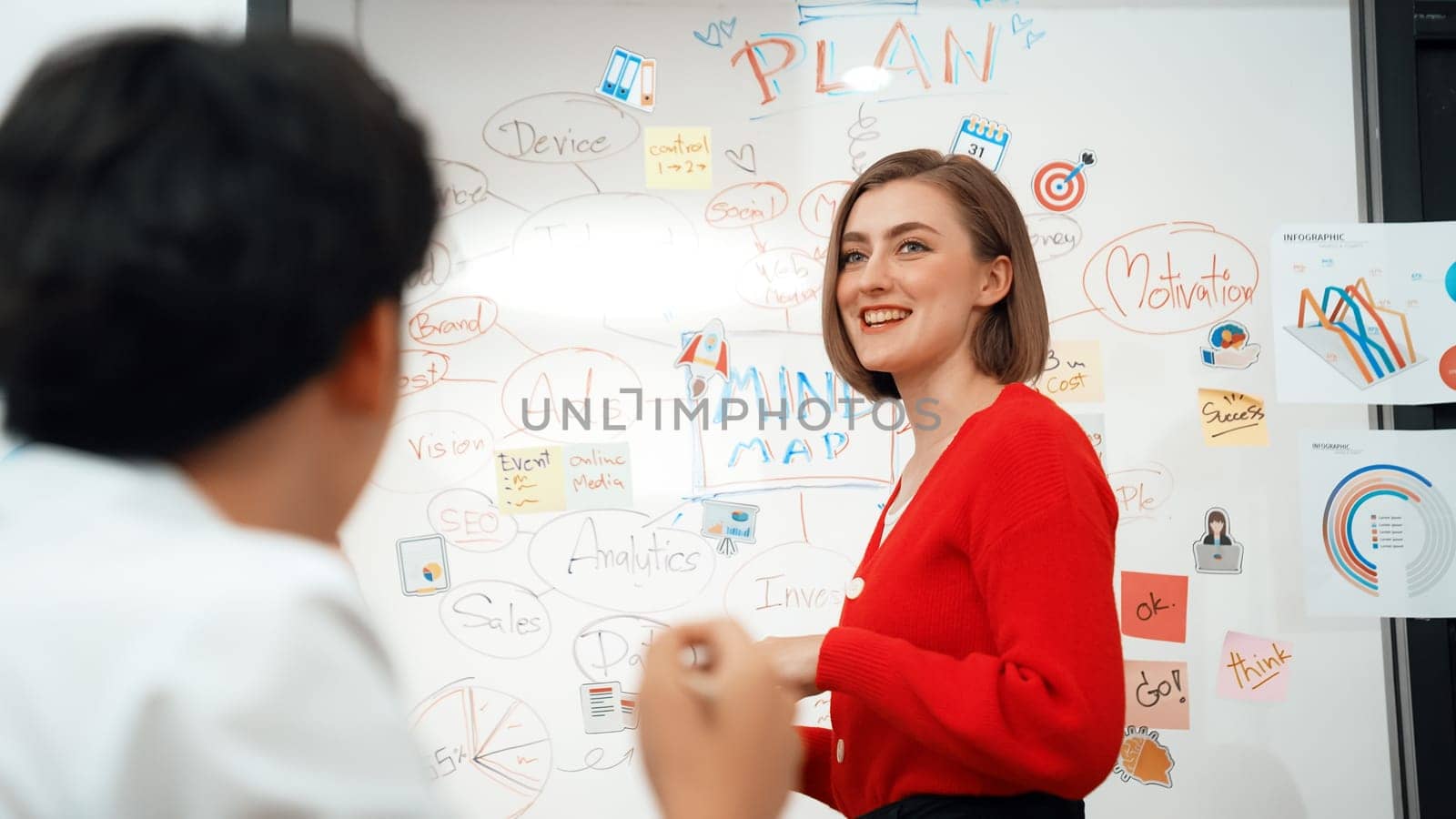 Young beautiful caucasian businesswoman presenting marketing strategy by using mind map, graph while answering questions with confident. Teamwork, brainstorming, discussing concept. Immaculate.