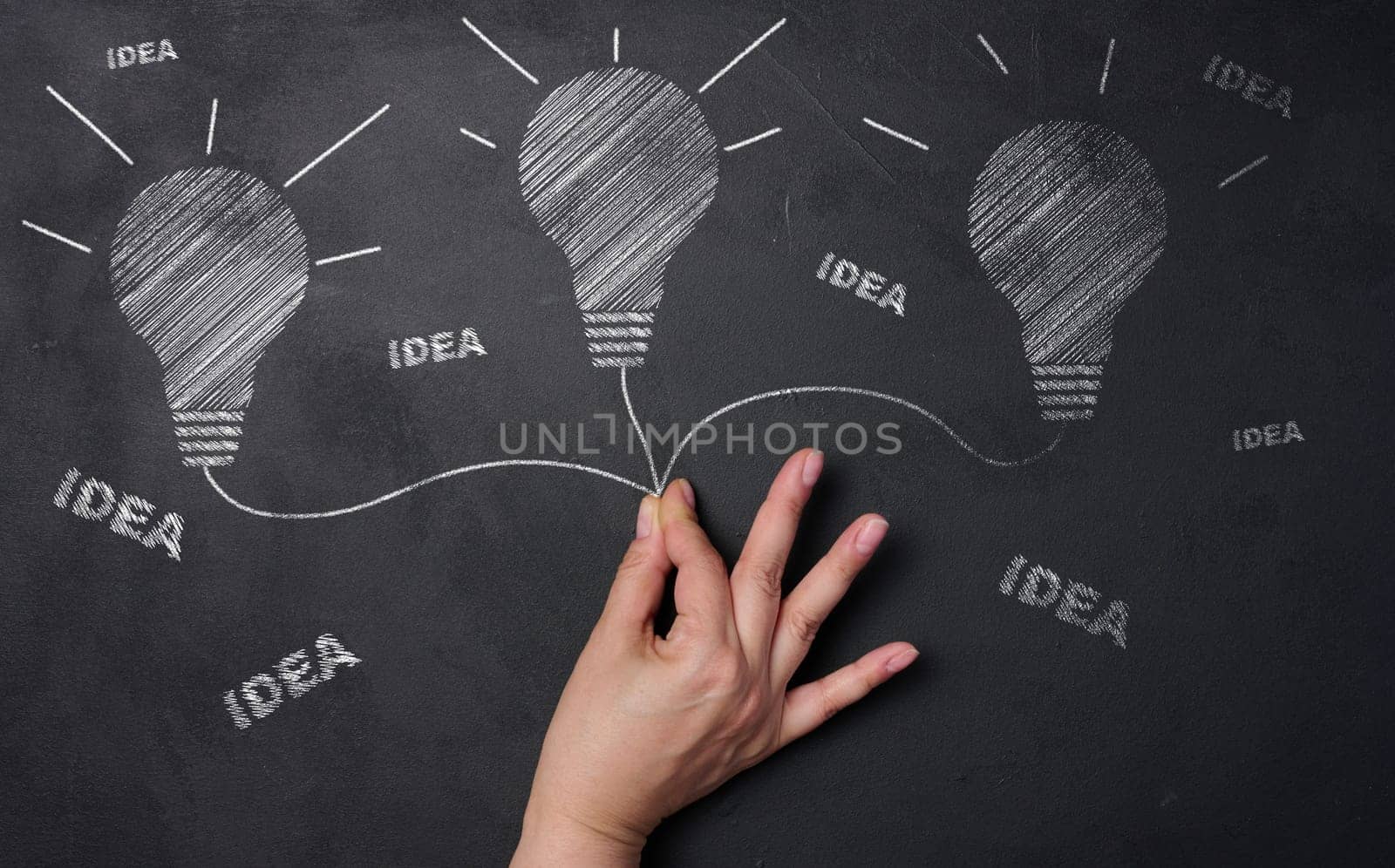Drawn light bulbs with white chalk on a black board and a woman's hand searching for new ideas by ndanko