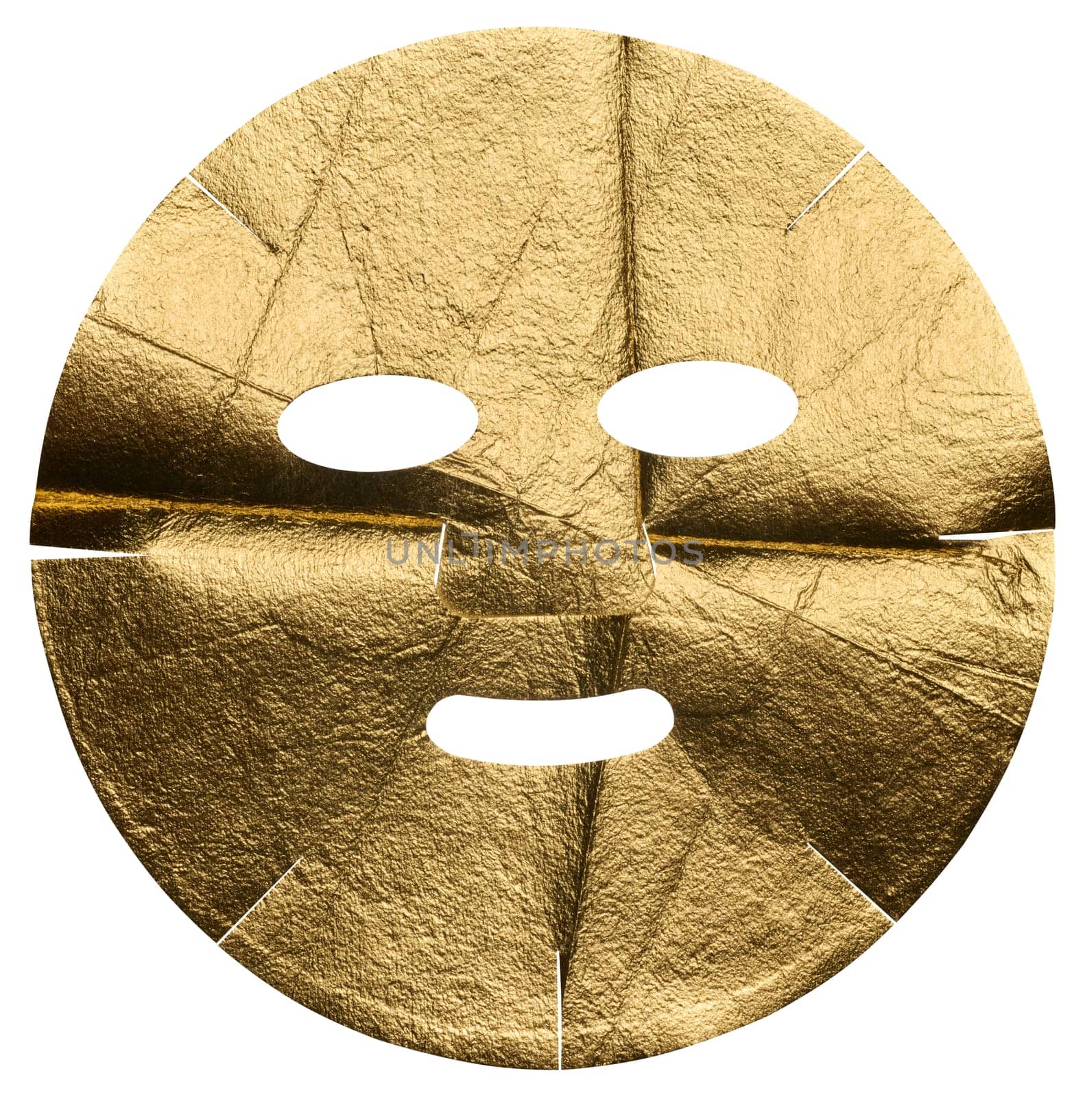 Fabric golden cosmetic face mask with cut holes on isolated background