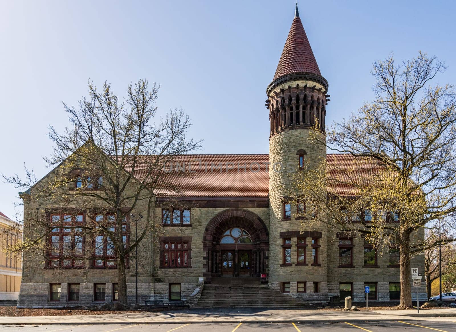 Facade of the historic Orton Hall built in 1893 and now an iconic symbol of Ohio State University in Columbus, OH