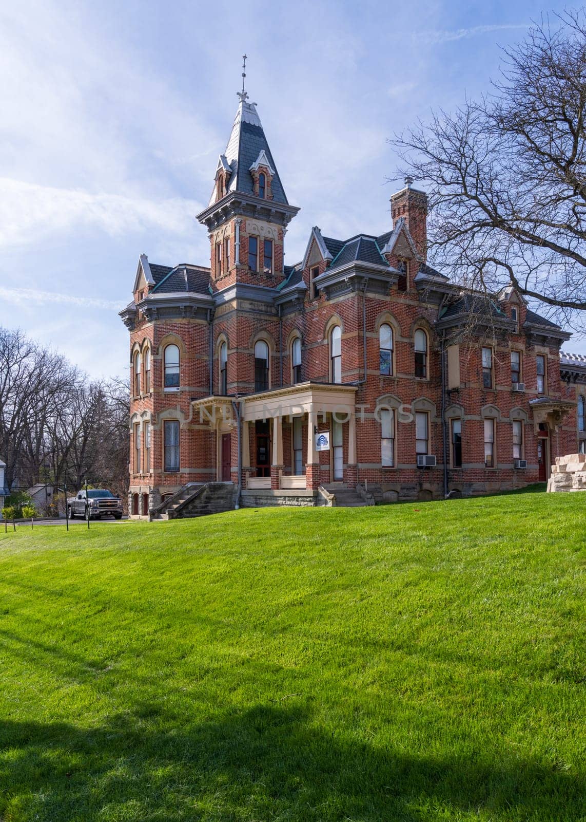 Delaware, Ohio - 8 April 2024: Facade of the historic 1878 Delaware County Sheriffs house and city jail on West Central Avenue