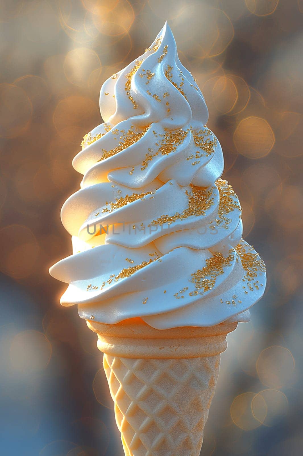 A single scoop of vanilla ice cream on a waffle cone.