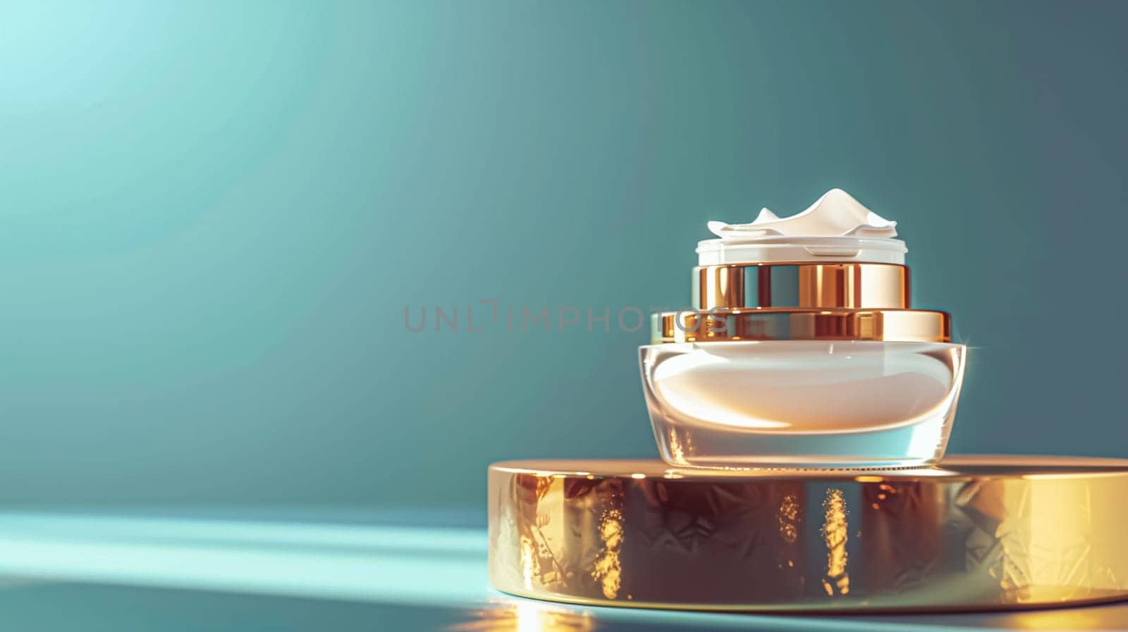 Cosmetic cream in a glass jar on a blue backdrop. Skin care concept. Background for beauty products