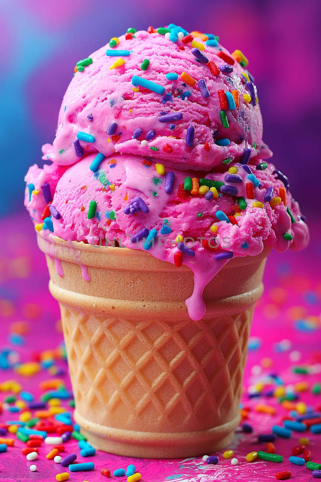 Scoops of multicolored ice cream in a cone with sprinkles and a blurred background. by Hype2art