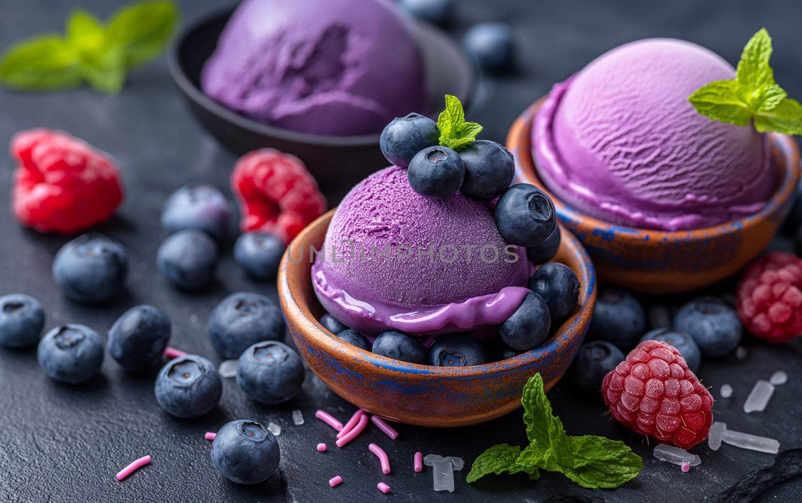Close up of a single scoop of purple ice cream in a cone. by Hype2art