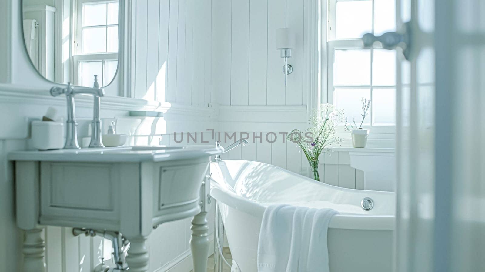 Interior of white bathroom with a bathtub and a mirror and window view by Olayola