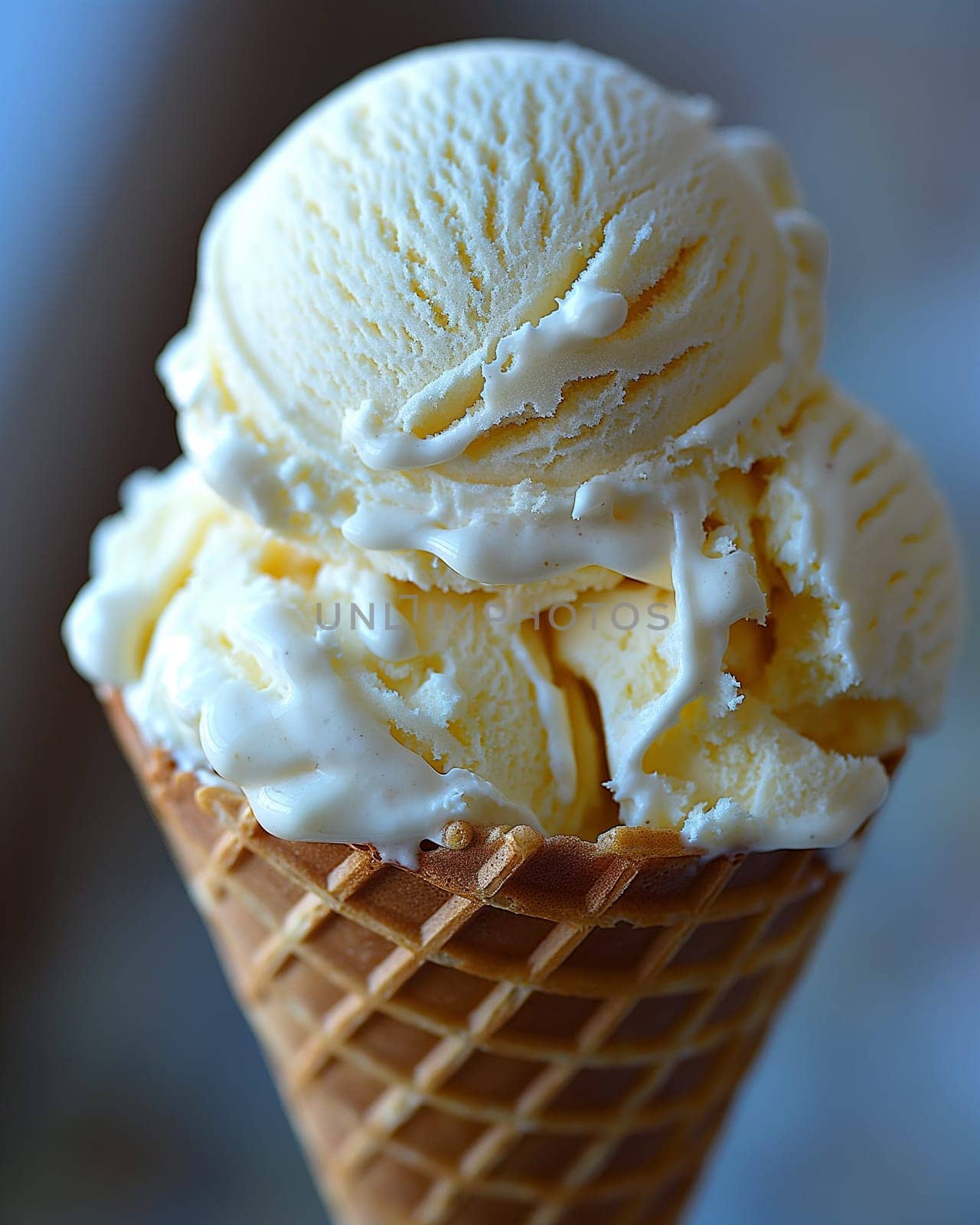 A single scoop of vanilla ice cream on a waffle cone. by Hype2art