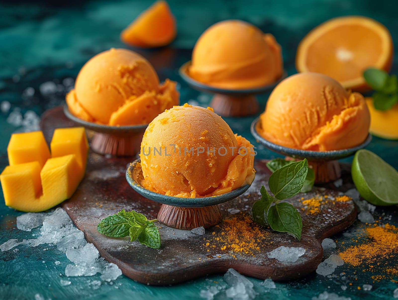 Scoops of vibrant orange sorbet garnished with mint, accompanied by orange slices and mango chunks.