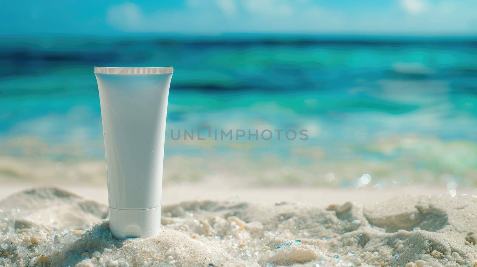 Sunscreen lotion tube on sandy beach, ocean in background with empty space. Summer skin protection concept, sunblock cream for safe sunbathing, beach holiday essentials. Ai generation. High quality