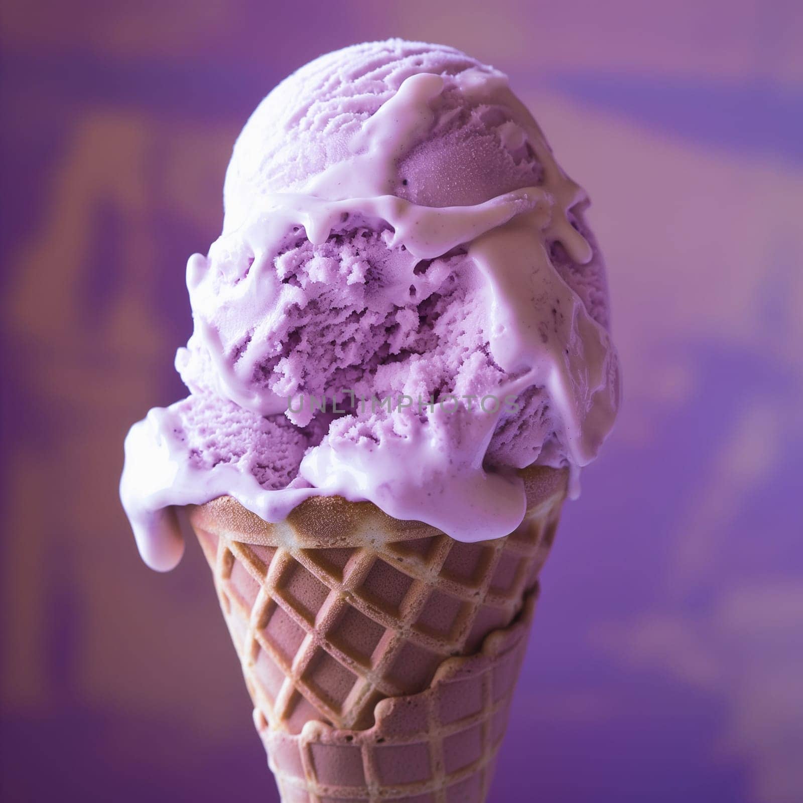 Close up of a single scoop of purple ice cream in a cone. by Hype2art