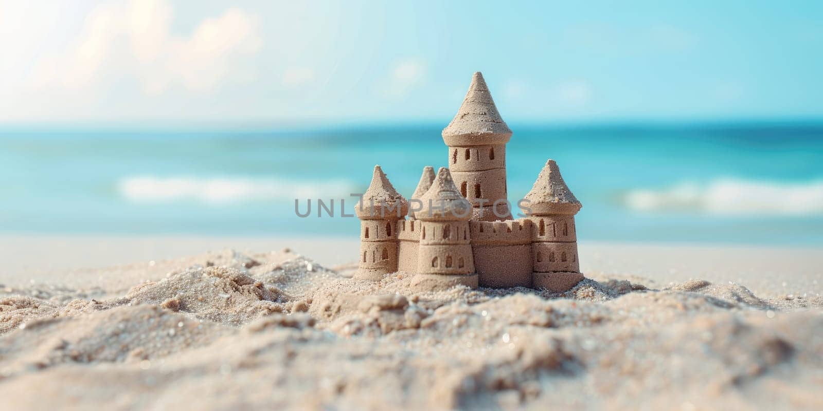 Sandcastle with multiple towers on sandy beach, ocean waves in background. Summer vacation activity for kids, beach fun, sand structure with blue sky. Ai generation. High quality photo