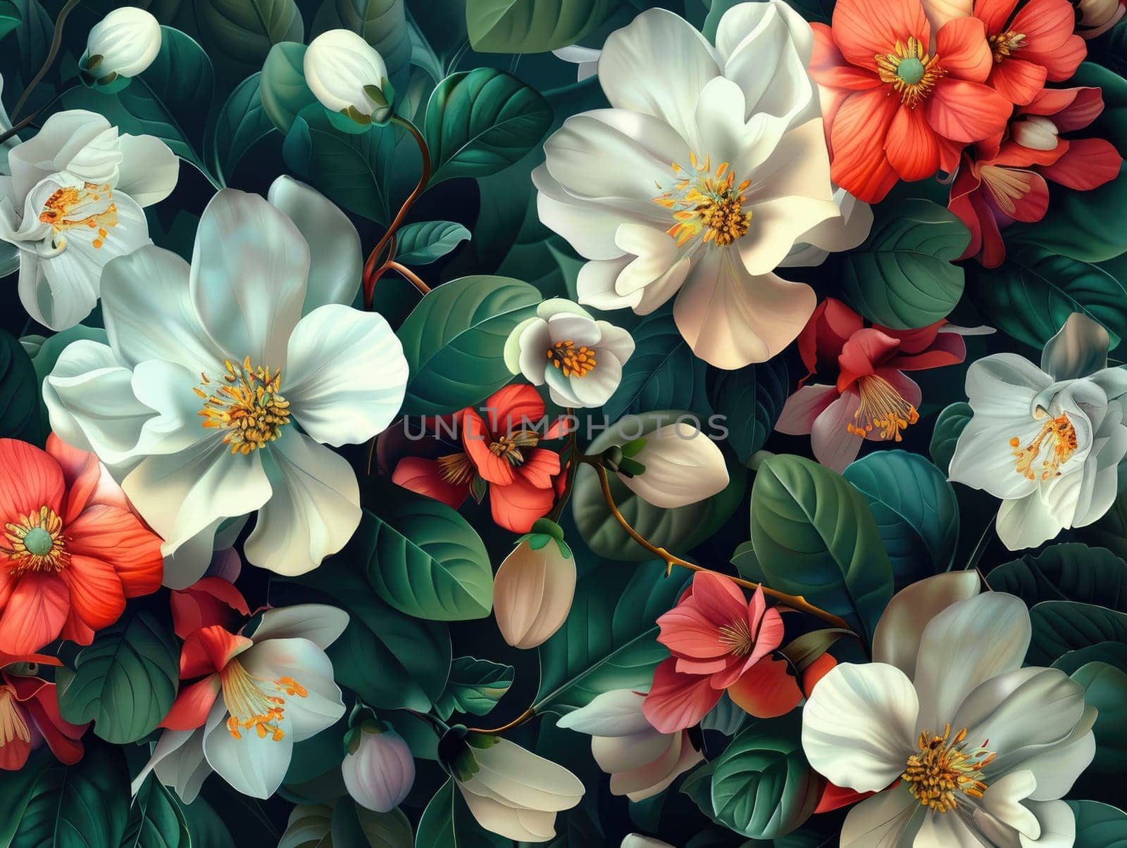 Vibrant floral wallpaper design featuring white and red flowers with green foliage, botanical illustration for interior decoration. Floral background with blooming plants. Ai generation. by Lunnica