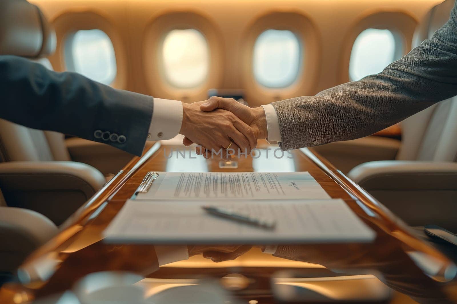 Close up business professional handshake with new partnership on private jet meeting room. Generative AI.