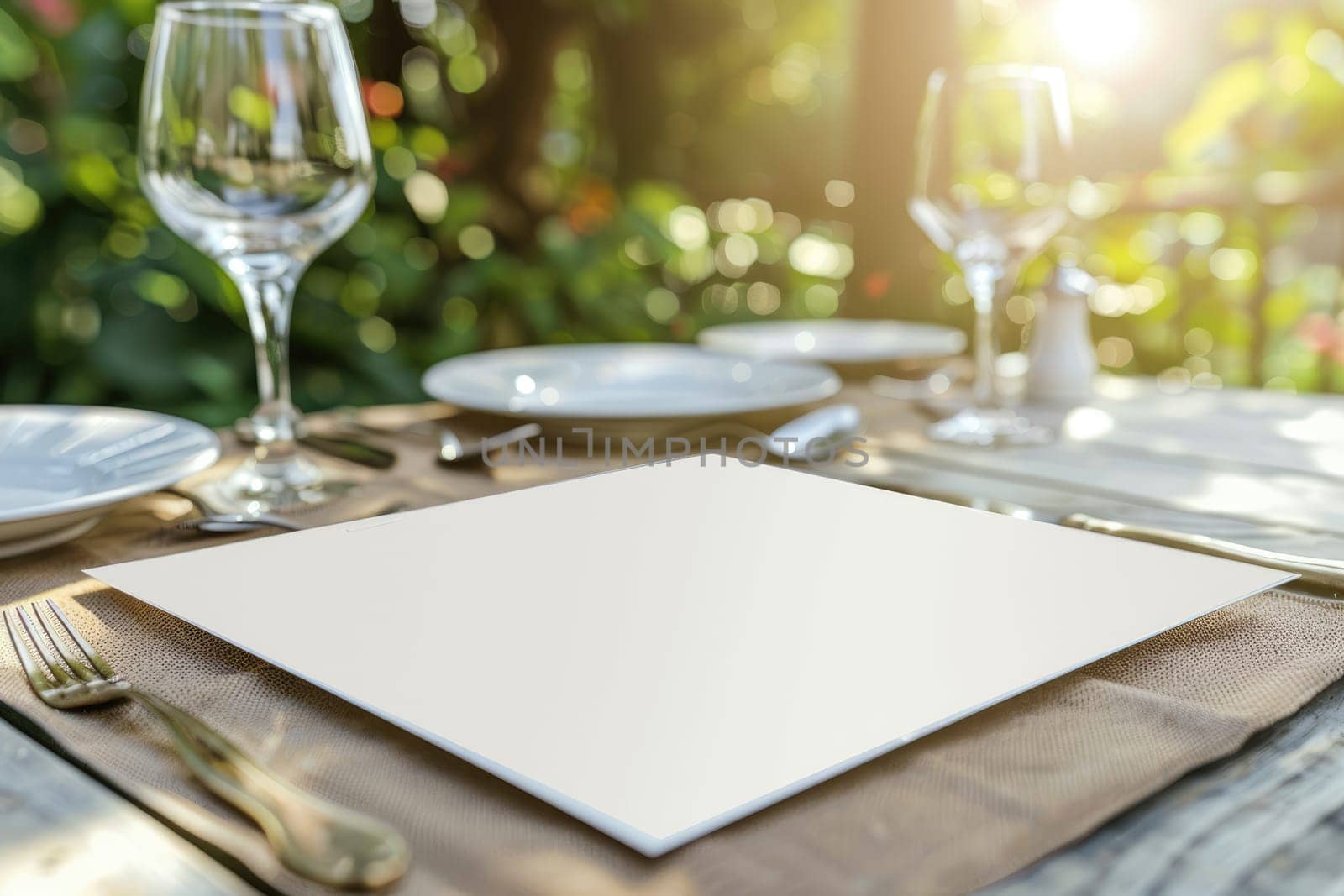 Outdoor dining table setting with blank menu, wine glasses, plates, and silverware on rustic table. Natural bokeh background, dining al fresco concept in nature. Ai generation. High quality photo